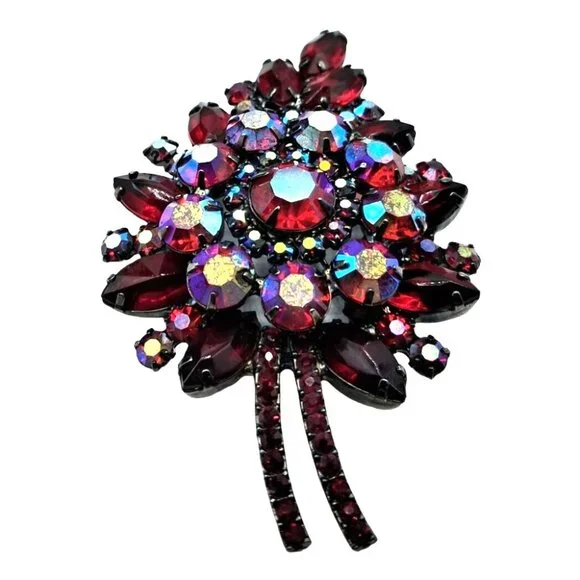 Juliana Brooch Earrings Jewelry Set Red Rhinestone Aurora Borealis Vintage Costu - Picture 12 of 12